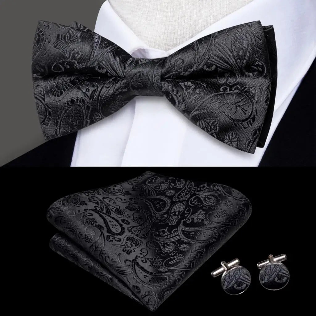 Black Paisley Silk Bow Tie - With Matching Cufflinks & Pocket Square