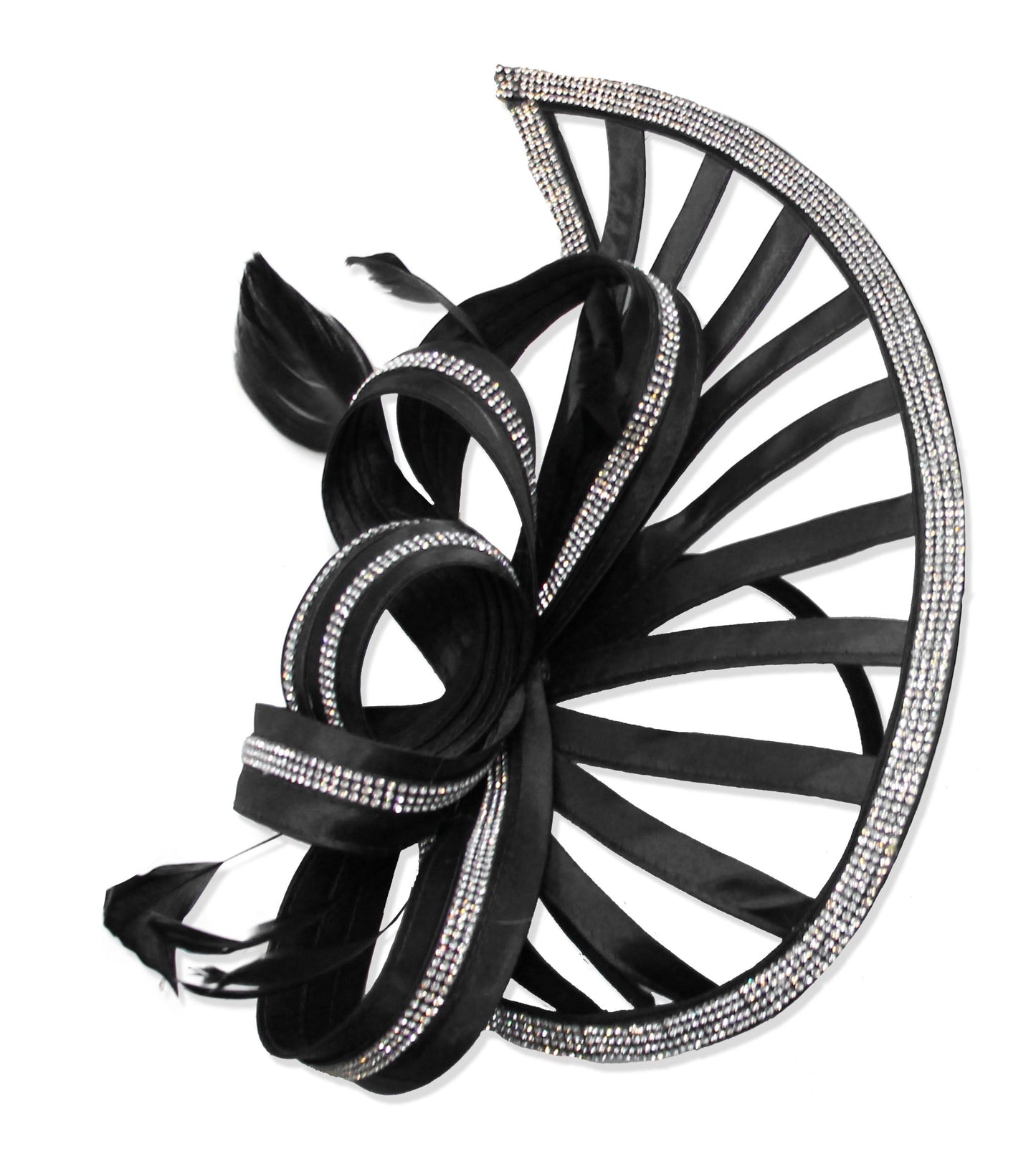 Black Sparkly Silver Crystal Diamante Fascinator Hat Pointed Saucer on Headband