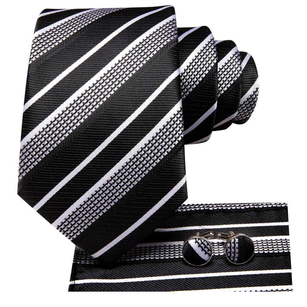 Black, White and Silver Striped Silk Tie - With Matching Cufflinks & Pocket Square