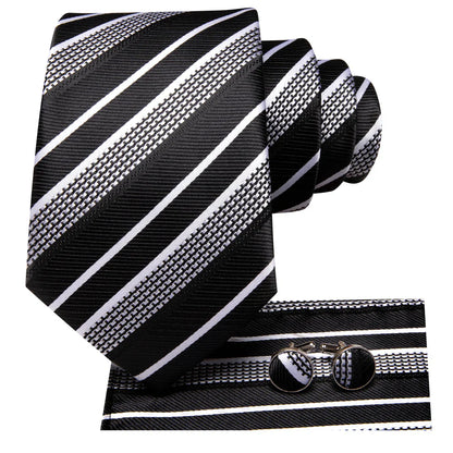 Black, White and Silver Striped Silk Tie - With Matching Cufflinks & Pocket Square