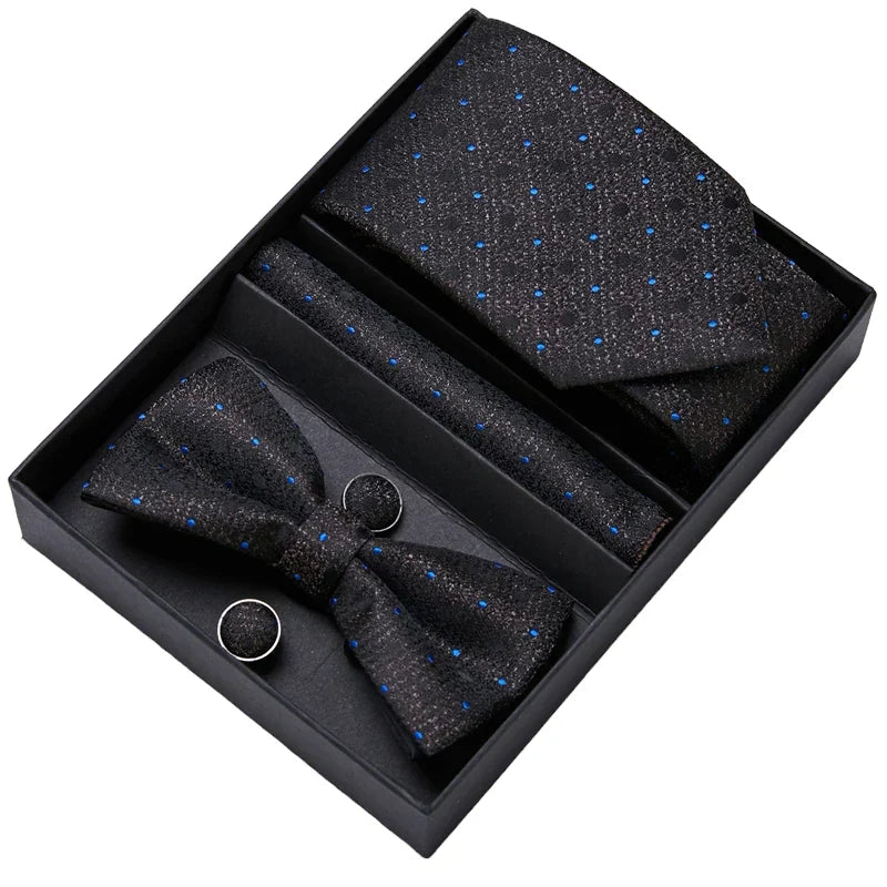 Men's Gift Set - Black and Blue Tie, Bow Tie, Pocket Square and Cuff Links