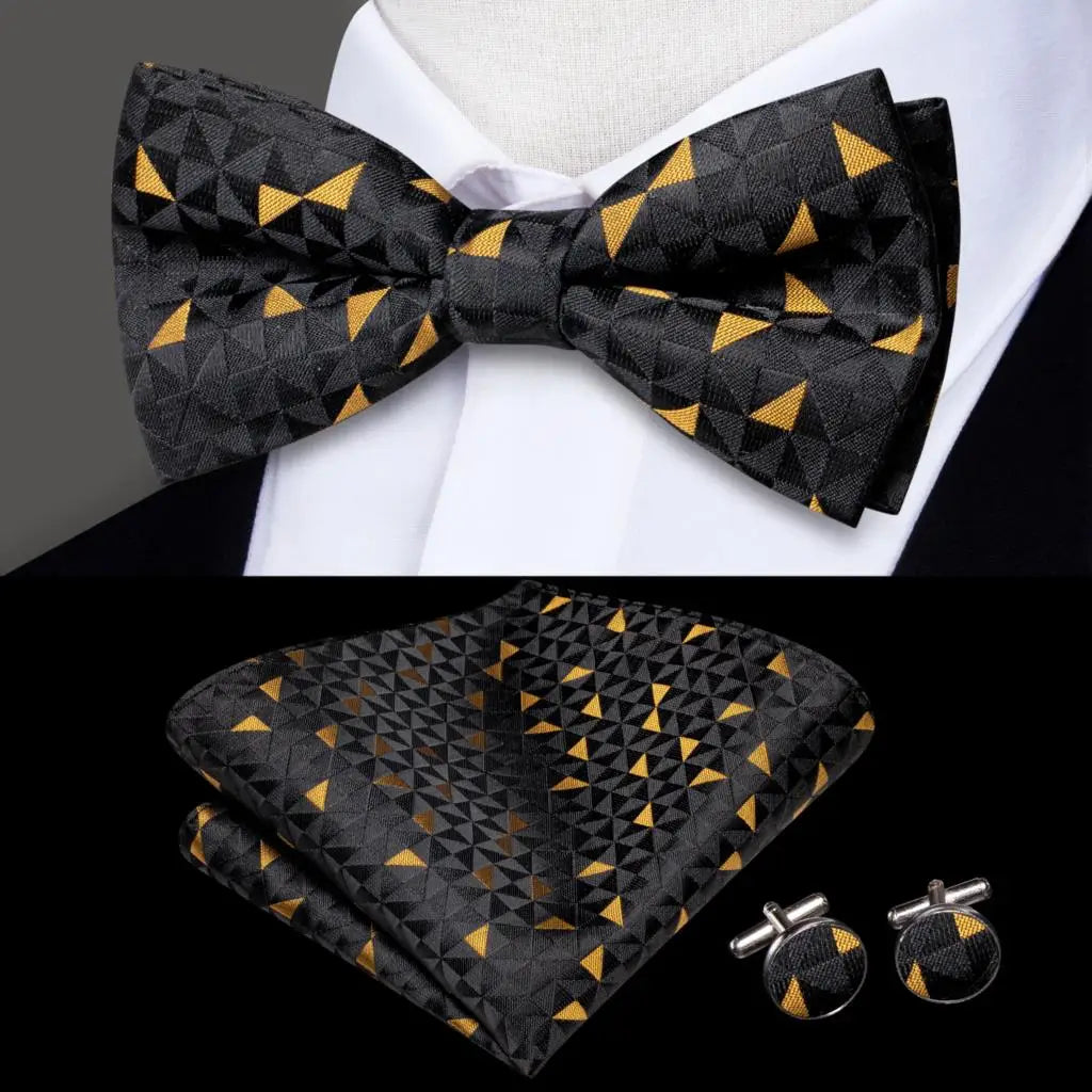 Black and Gold Geometric Bow Silk Tie - With Matching Cufflinks & Pocket Square