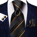 Black and Gold Striped Silk Tie - With Matching Cufflinks & Pocket Square