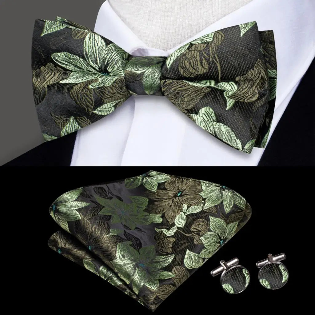 Black and Green Floral Silk Bow Tie - With Matching Cufflinks & Pocket Square