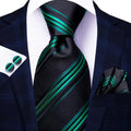 Black and Green Striped Silk Tie - With Matching Cufflinks & Pocket Square