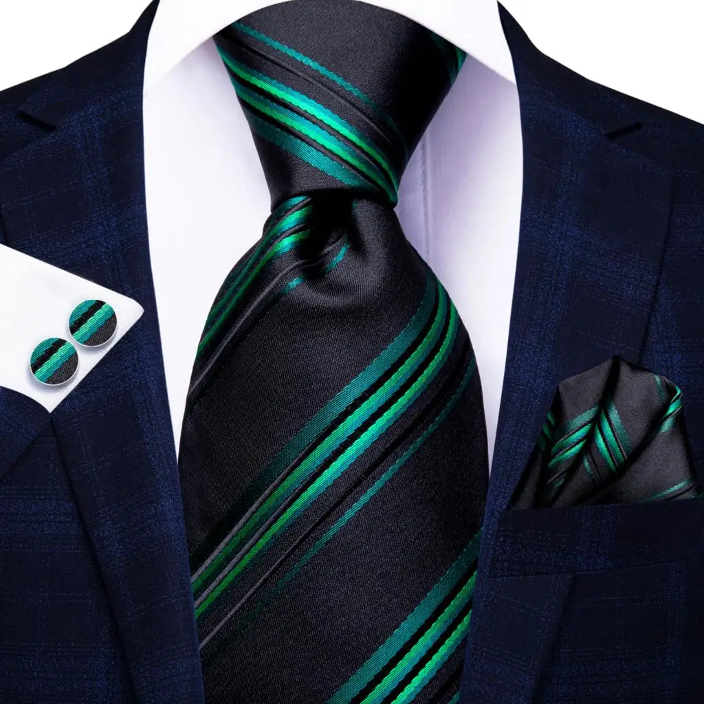 Black and Green Striped Silk Tie - With Matching Cufflinks & Pocket Square