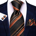 Black and Orange Striped Silk Tie - With Matching Cufflinks & Pocket Square