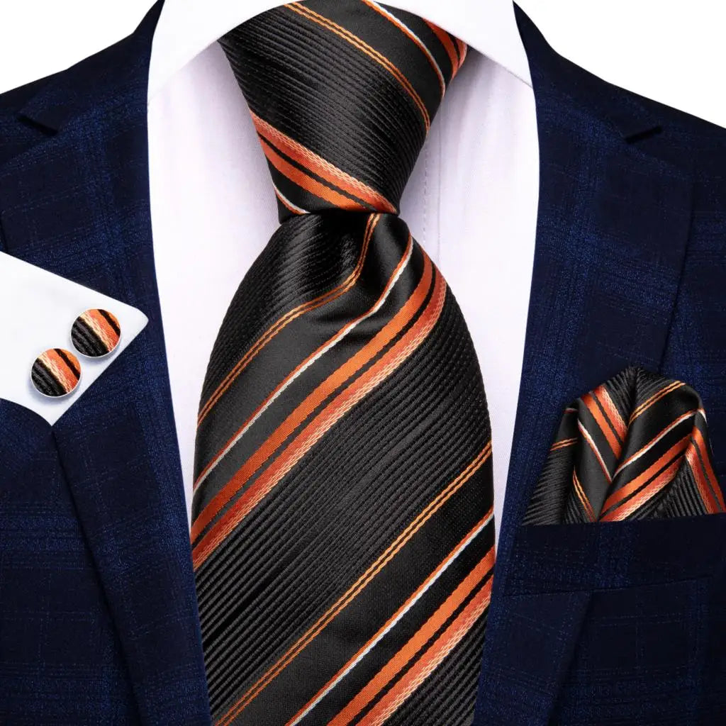 Black and Orange Striped Silk Tie - With Matching Cufflinks & Pocket Square