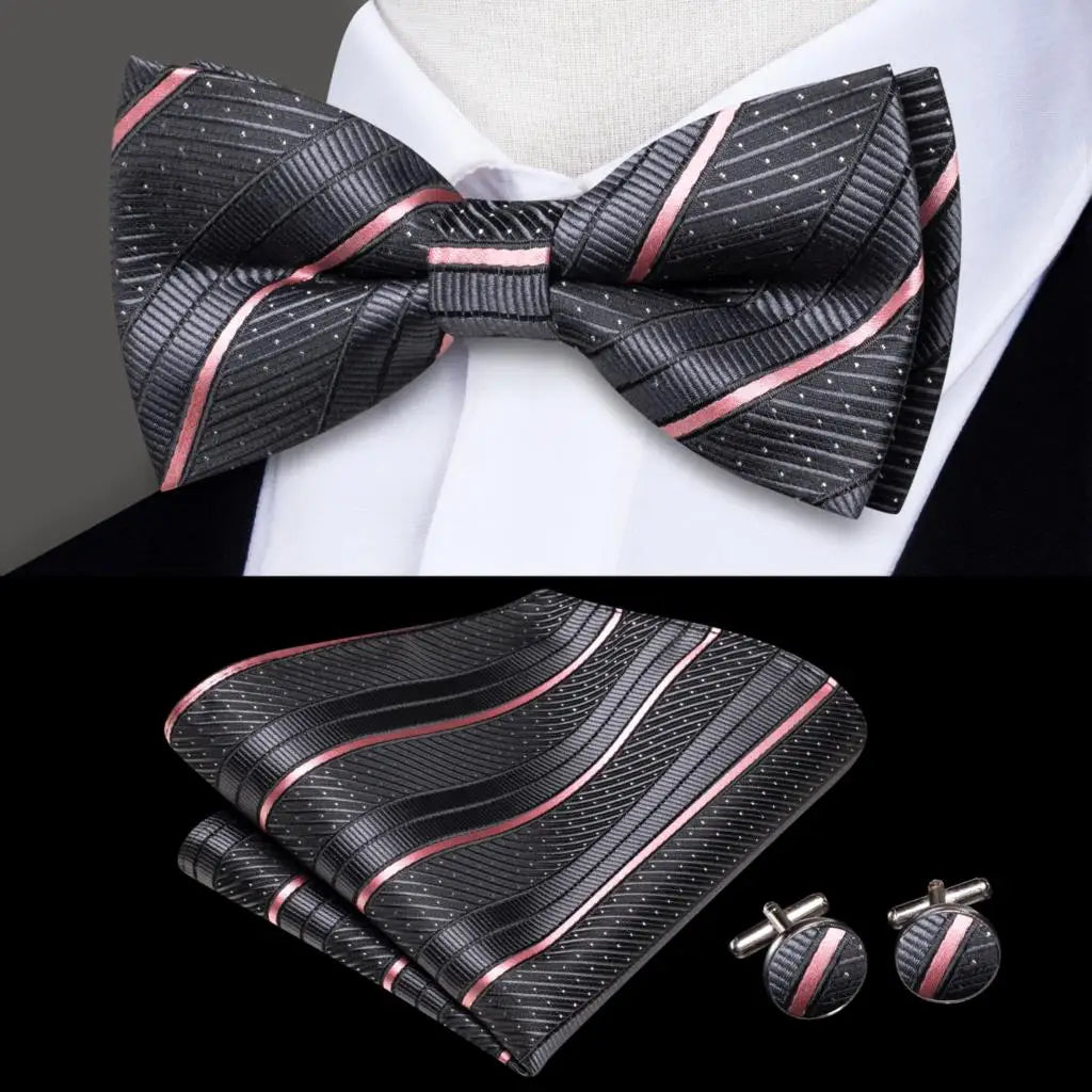 Black and Pink Striped Silk Bow Tie - With Matching Cufflinks & Pocket Square
