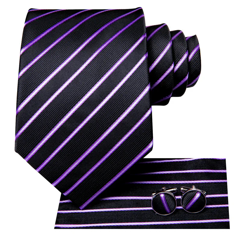 Black and Purple Striped Silk Tie - With Matching Cufflinks & Pocket Square