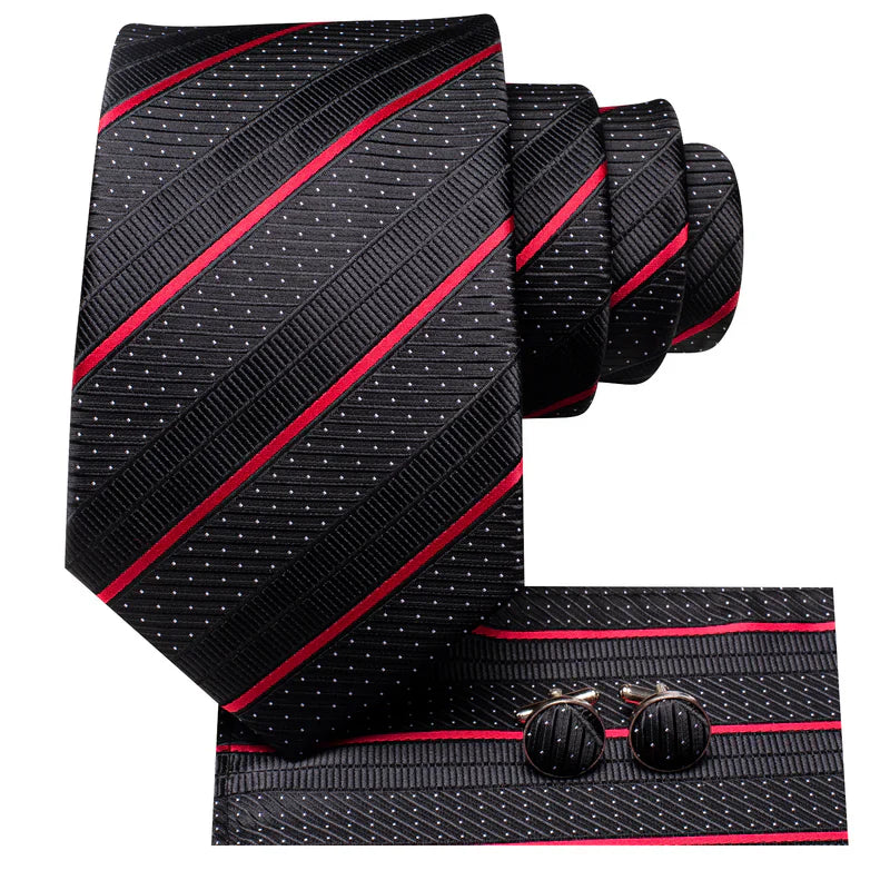 Black and Red Striped Silk Tie - With Matching Cufflinks & Pocket Square