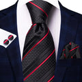 Black and Red Striped Silk Tie - With Matching Cufflinks & Pocket Square