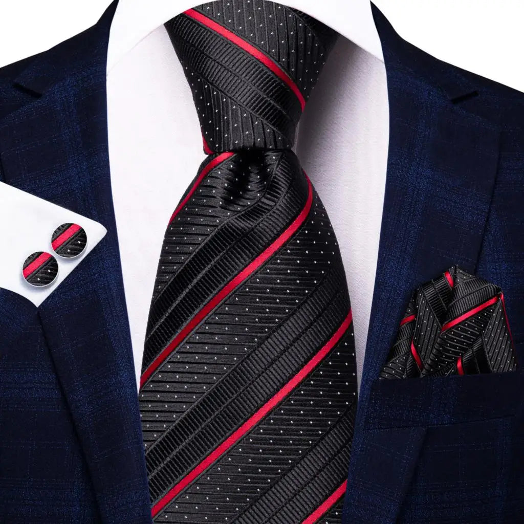 Black and Red Striped Silk Tie - With Matching Cufflinks & Pocket Square