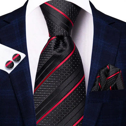 Black and Red Striped Silk Tie - With Matching Cufflinks & Pocket Square