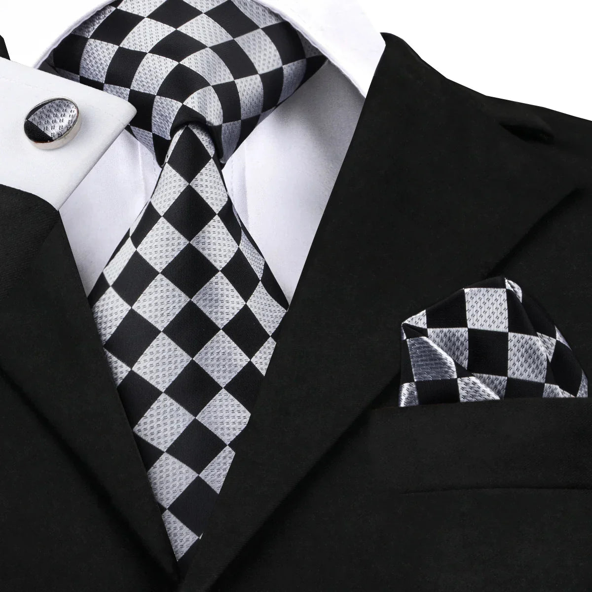 Black and Silver Check Pattern Silk Tie - With Matching Cufflinks & Pocket Square
