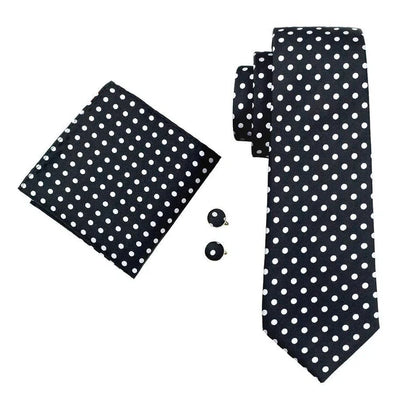 Black and Silver Polka Dot Silk Tie - With Matching Cufflinks & Pocket Square