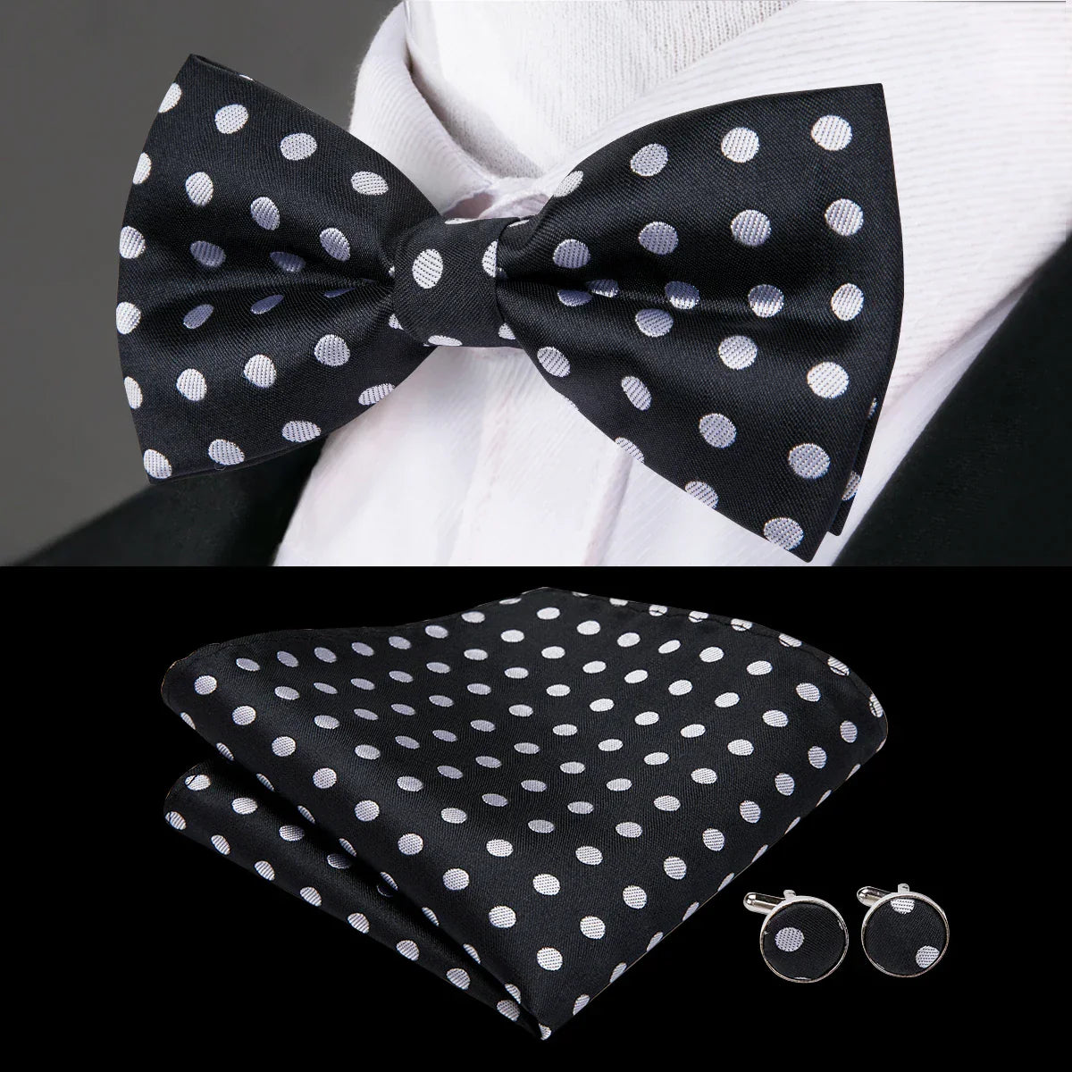 Black and White Polka Dot Bow Silk Tie - With Matching Cufflinks & Pocket Square