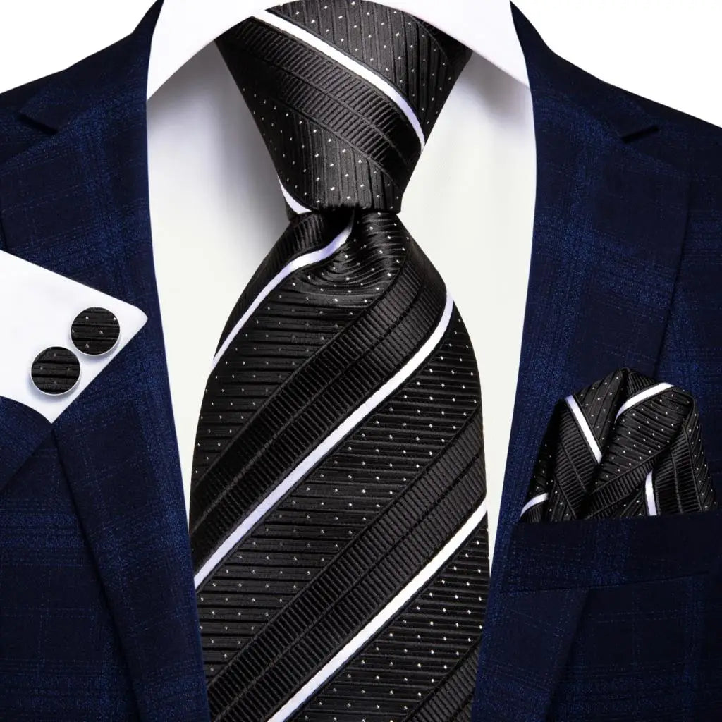 Black and White Striped Silk Tie - With Matching Cufflinks & Pocket Square