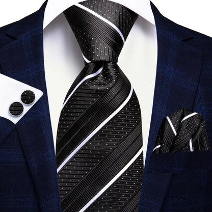 Black and White Striped Silk Tie - With Matching Cufflinks & Pocket Square