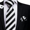 Black and White Striped Silk Tie - With Matching Cufflinks & Pocket Square