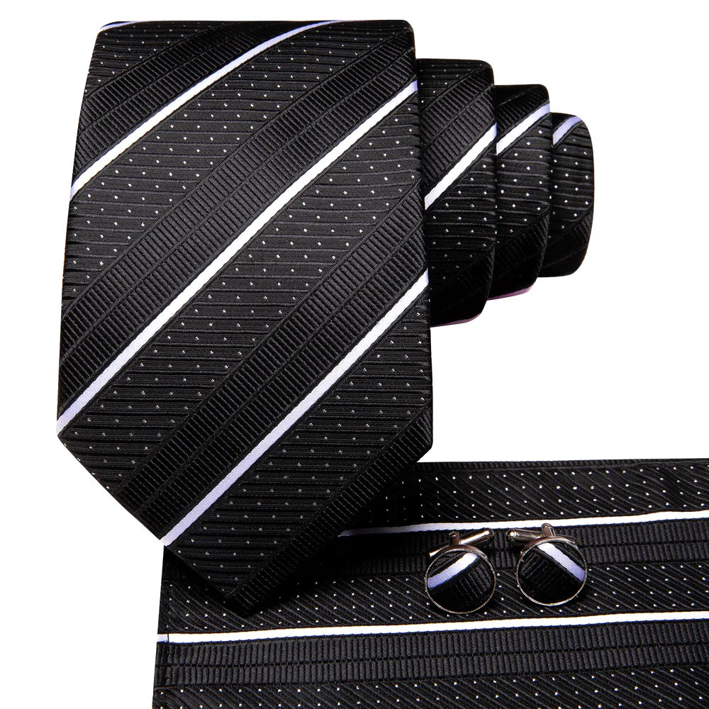 Black and White Striped Silk Tie - With Matching Cufflinks & Pocket Square