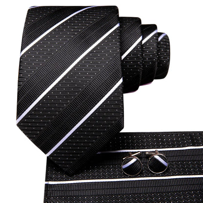 Black and White Striped Silk Tie - With Matching Cufflinks & Pocket Square