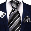 Black, White and Silver Striped Silk Tie - With Matching Cufflinks & Pocket Square