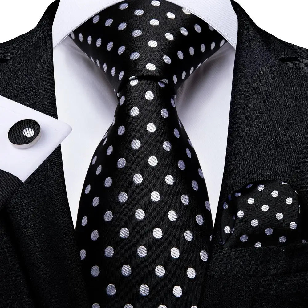 Black and Silver Polka Dot Silk Tie - With Matching Cufflinks & Pocket Square