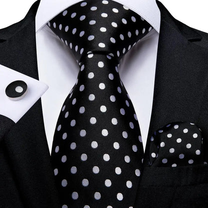 Black and Silver Polka Dot Silk Tie - With Matching Cufflinks & Pocket Square