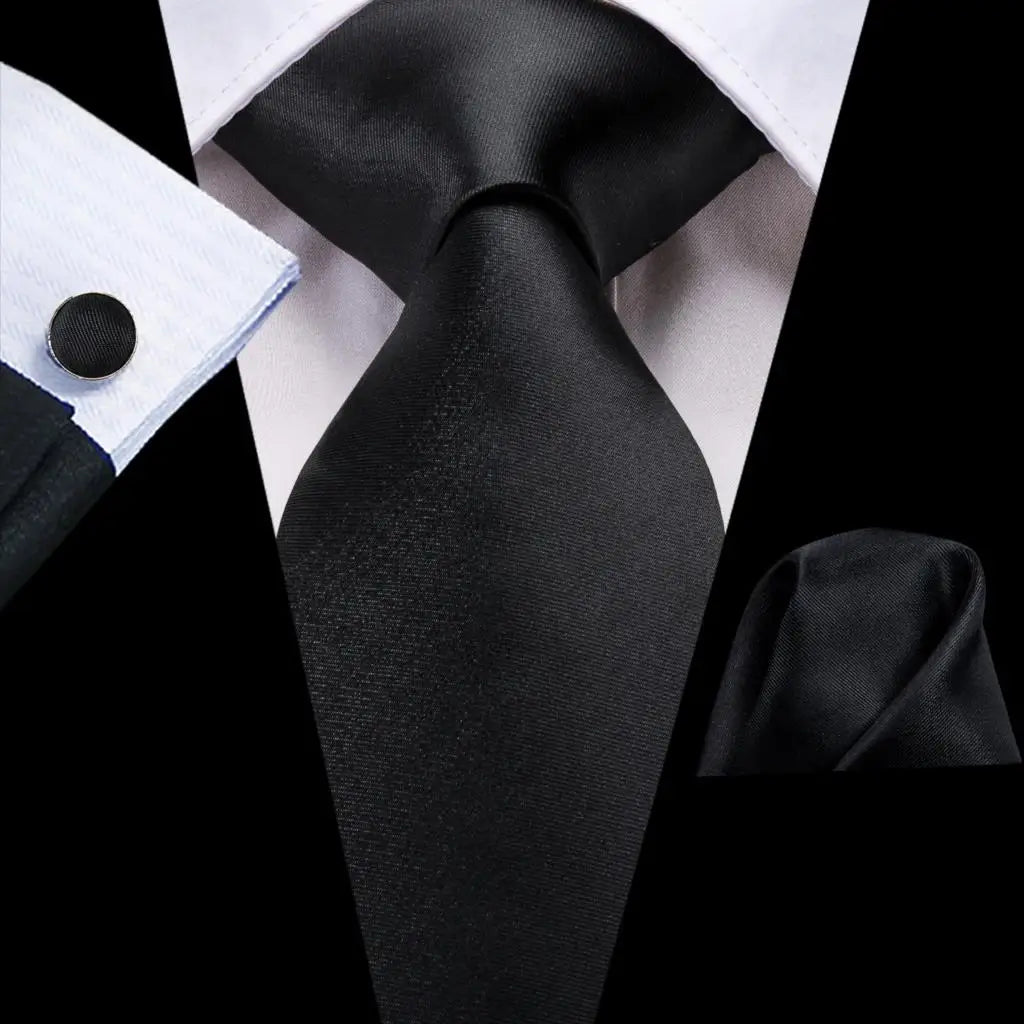 Solid Black Silk Tie - With Matching Cufflinks & Pocket Square