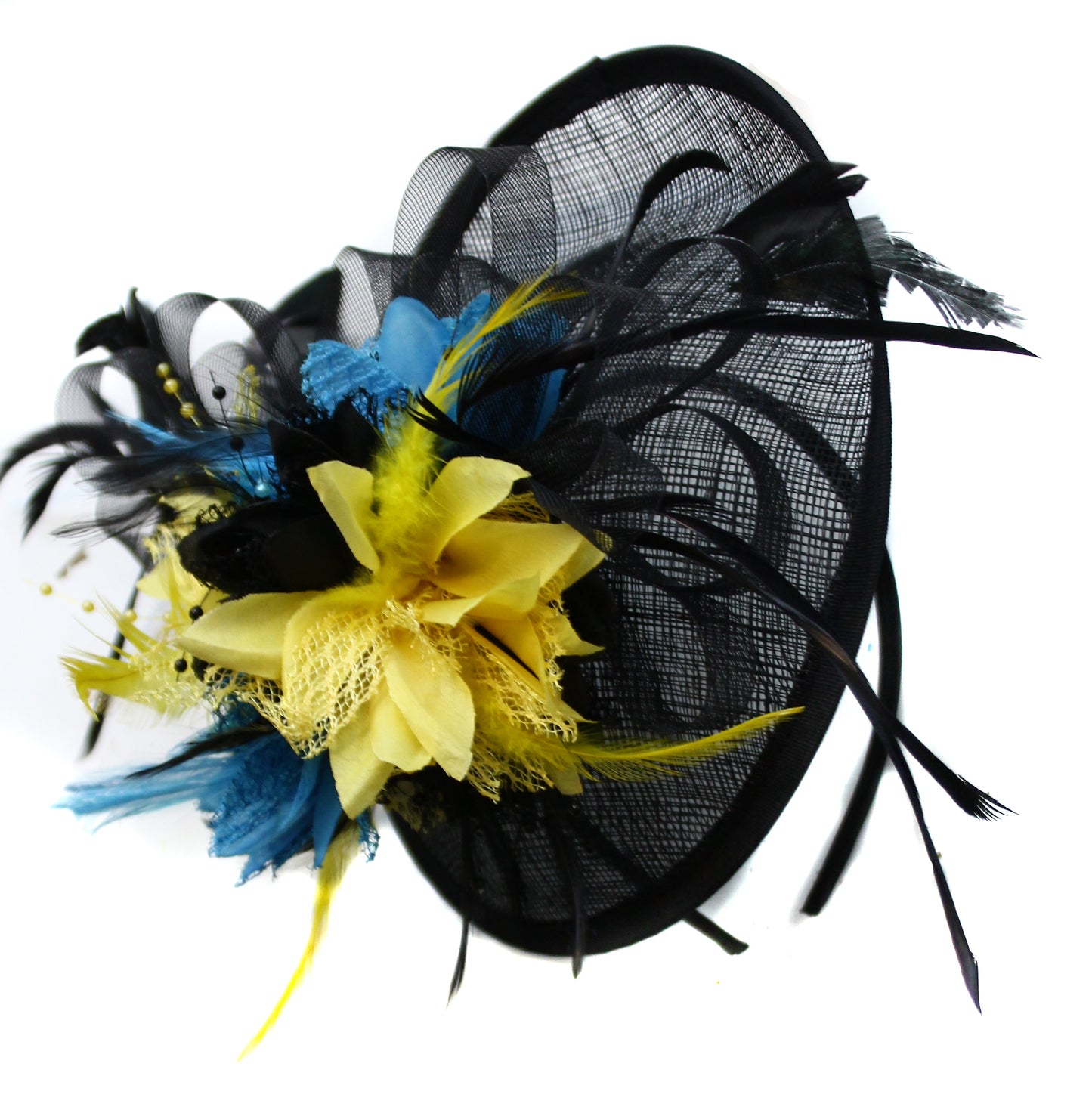 Caprilite Black Pale Yellow and Aqua Sinamay Fascinator