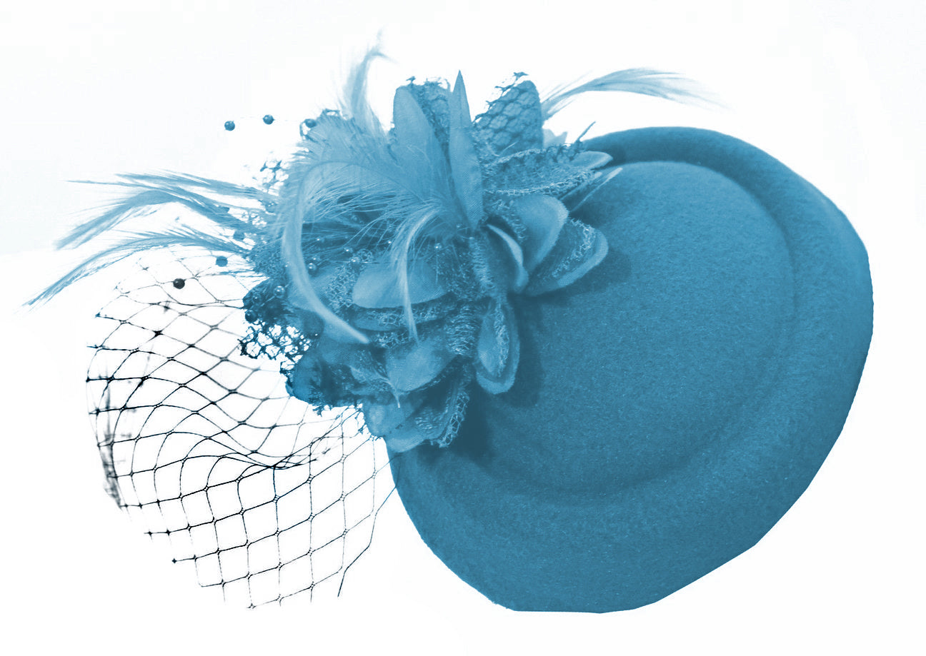 Aqua Blue Felt Pillbox Veil Wedding Fascinator Clip