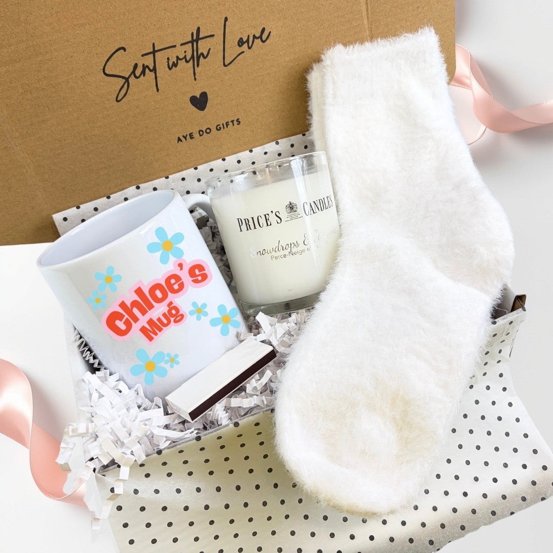 Personalised Blue Daisy Name Mug, Candle & Socks Gift Hamper | Sister Friend Daughter