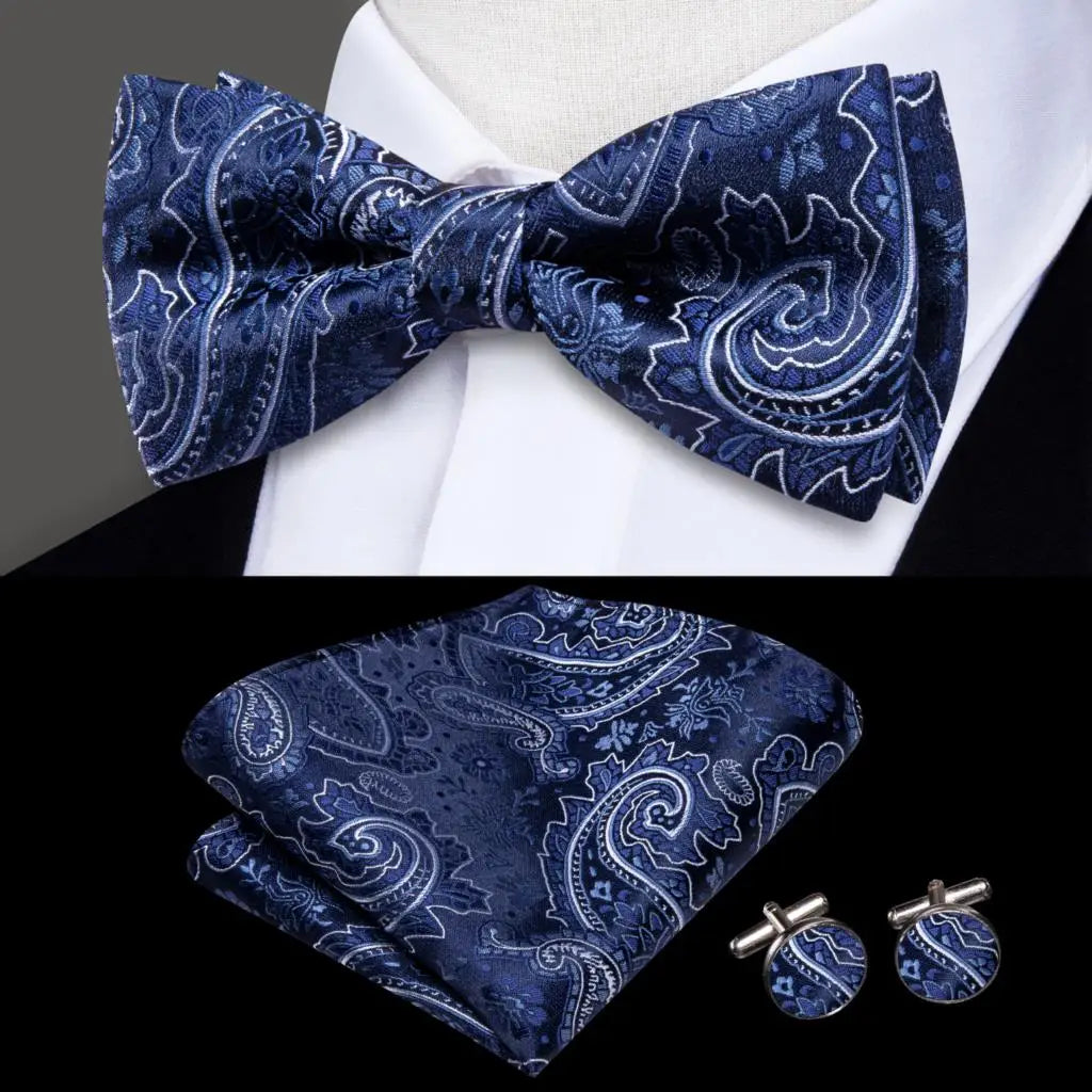 Blue Paisley Bow Silk Tie - With Matching Cufflinks & Pocket Square