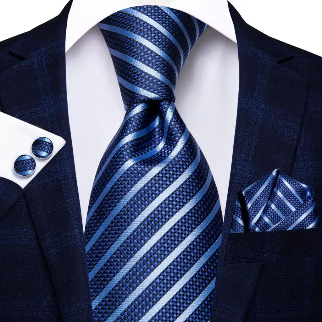 Blue Striped Silk Tie - With Matching Cufflinks & Pocket Square