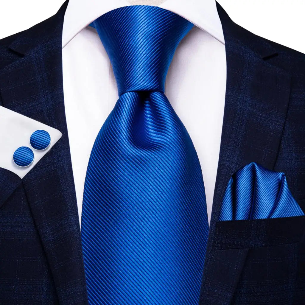 Blue Textured Silk Tie - With Matching Cufflinks & Pocket Square