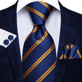 Blue and Gold Striped Silk Tie - With Matching Cufflinks & Pocket Square