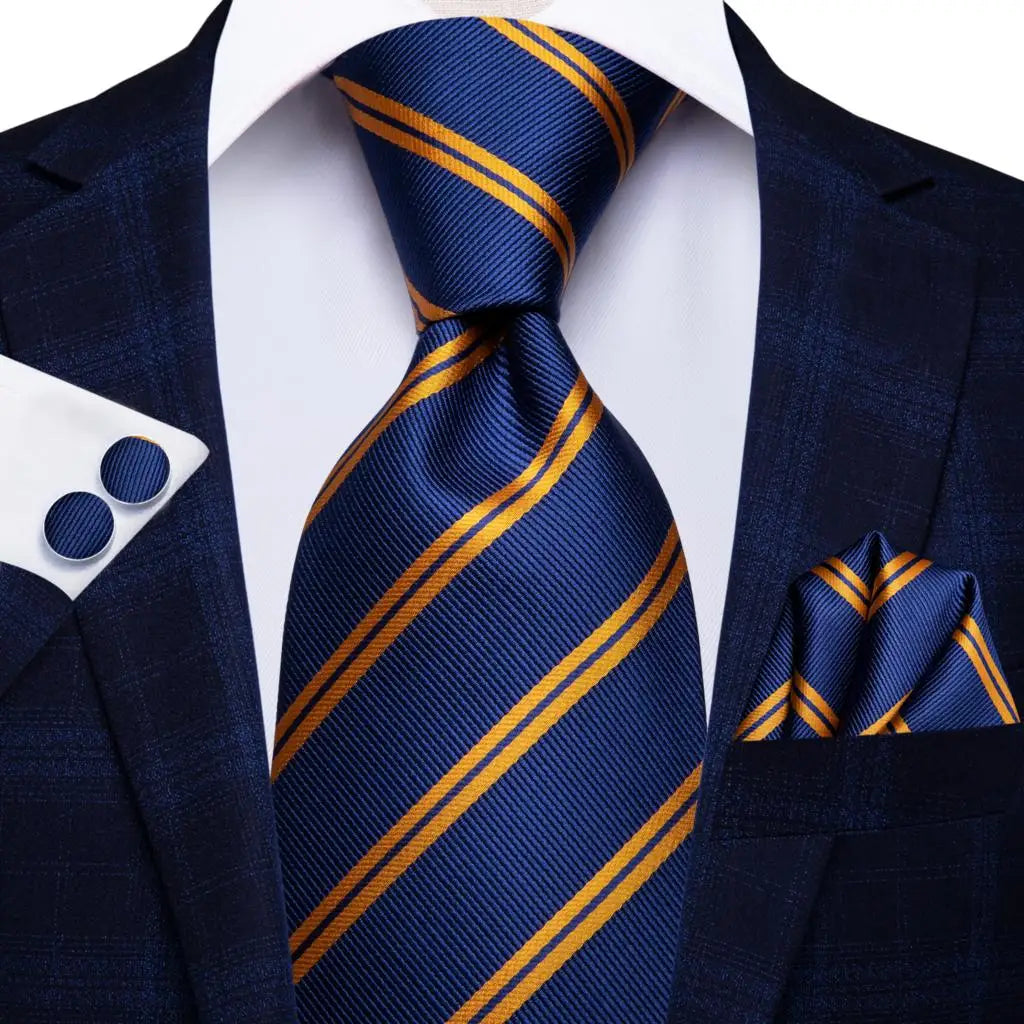 Blue and Gold Striped Silk Tie - With Matching Cufflinks & Pocket Square