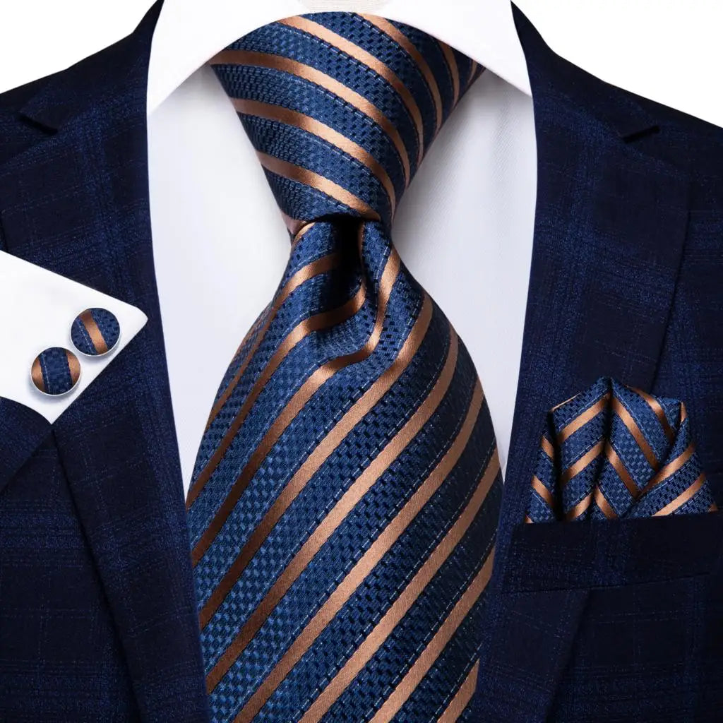 Blue and Gold Striped Silk Tie - With Matching Cufflinks & Pocket Square