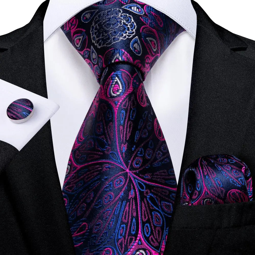 Blue and Pink Paisley Silk Tie - With Matching Cufflinks & Pocket Square