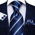 Blue and White Striped Silk Tie - With Matching Cufflinks & Pocket Square