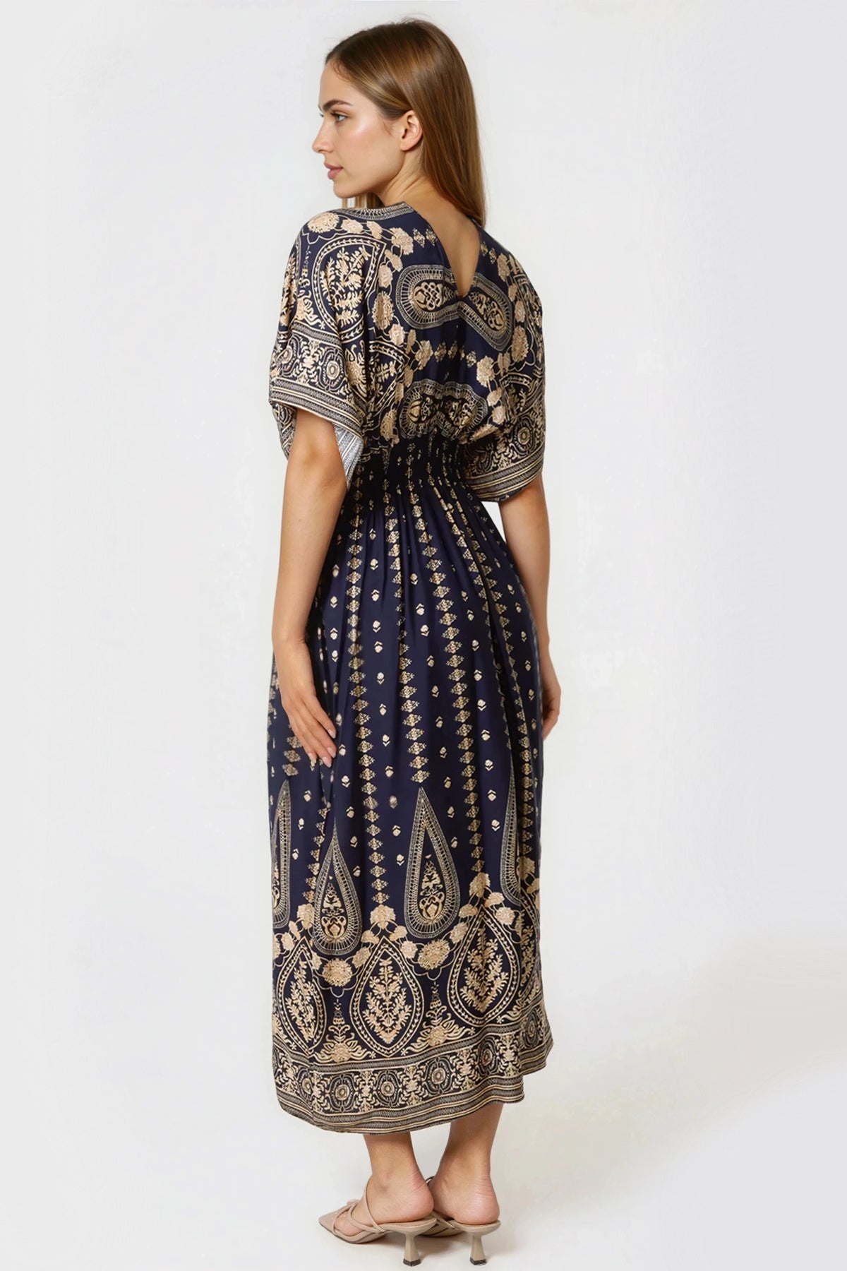 Navy Shirred Kimono Maxi Dress