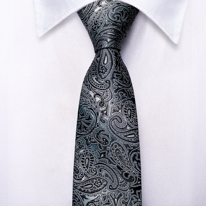 Boys Silver and Black Paisley Silk Tie