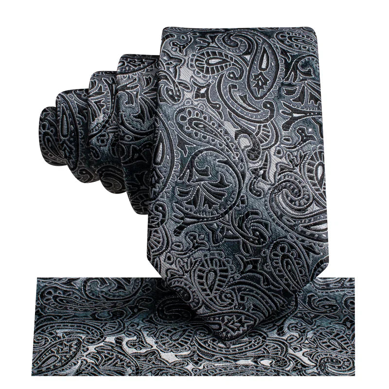 Boys Silver and Black Paisley Silk Tie