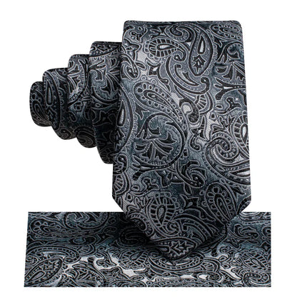 Boys Silver and Black Paisley Silk Tie