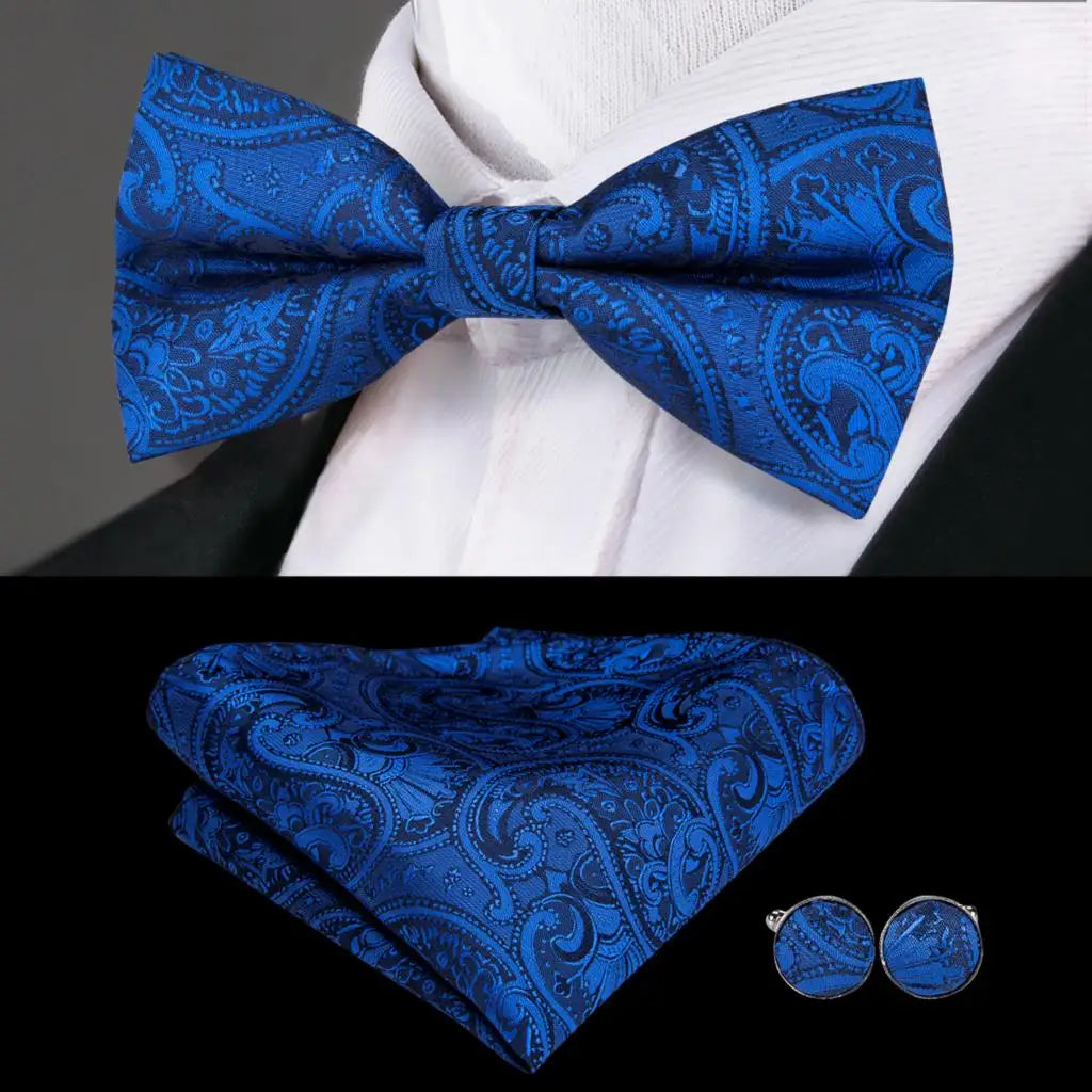 Bright Blue Paisley Silk Bow Tie - With Matching Cufflinks & Pocket Square
