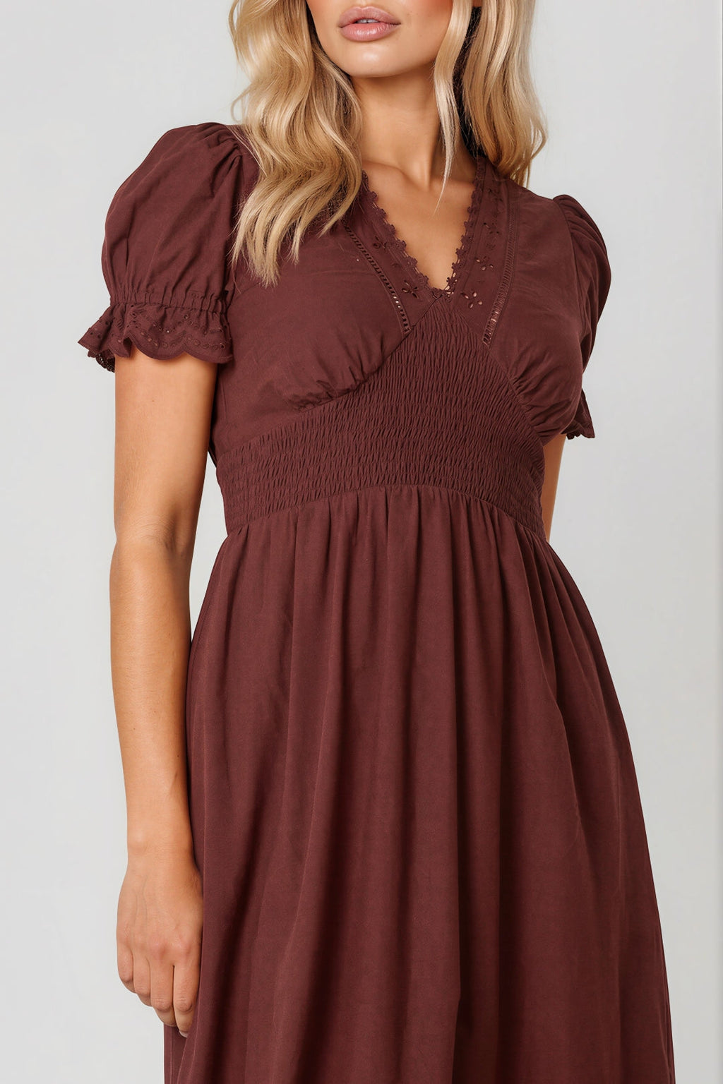 Brown Broderie Anglaise V-Neck Cotton Midi Dress