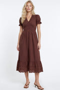 Brown Broderie Anglaise V-Neck Cotton Midi Dress
