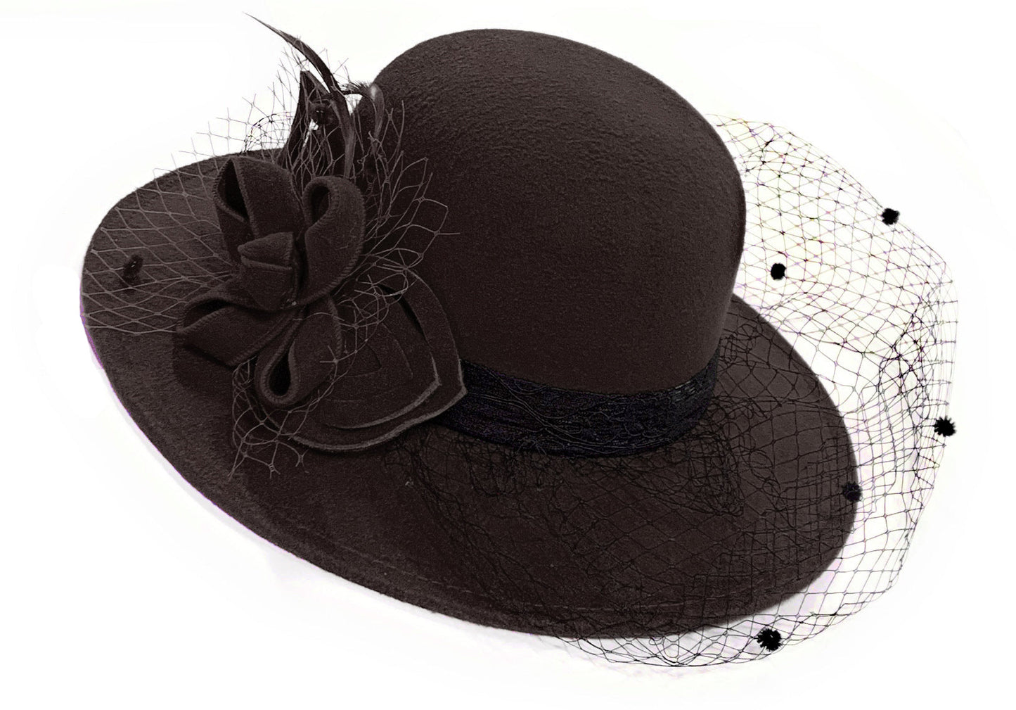 Large Wool Mix Formal Brim Fedora Hat with Veil Hatinator Fascinator