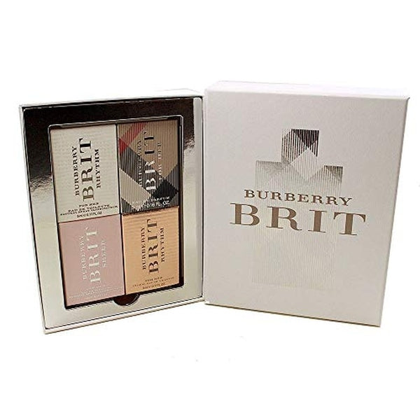 Burberry Brit For Her Miniature Gift Set 4 Pieces (1 x 4.5ml Burberry Brit EDP
1 x 5ml Brit Rhythm Floral EDT
1 x 5ml Brit Sheer EDT 
1 x 5ml Brit Rhythm EDT)